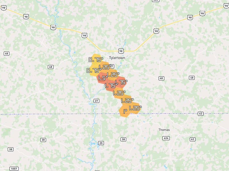 Hail map of Tylertown, MS on Jul 1, 2026, hail up to 1.75"