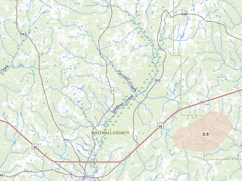 Radar-estimated hail-size map of the storm over Tylertown, MS on Jul 4, 2026