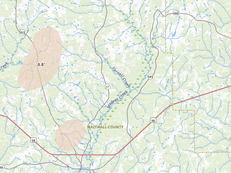 Radar-estimated hail-size map of the storm over Tylertown, MS on Jul 8, 2026