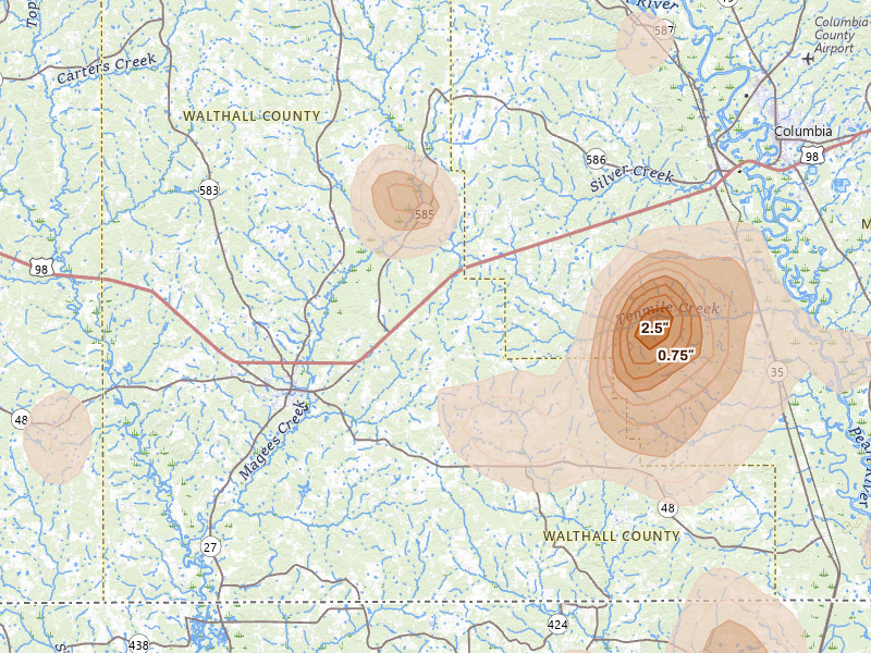 Radar-estimated hail-size map of the storm over Tylertown, MS on Aug 21, 2026