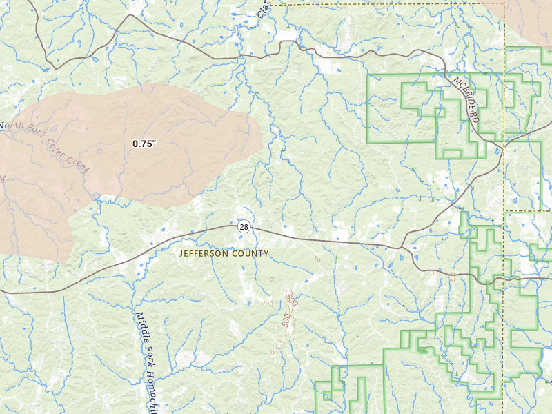 Radar-estimated hail-size map of the storm over Union Church, MS on Apr 24, 2026