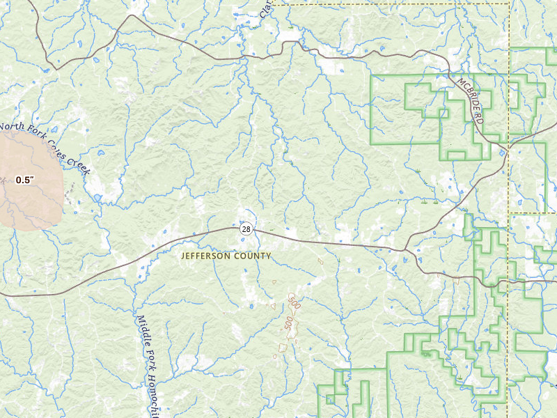 Radar-estimated hail-size map of the storm over Union Church, MS on Apr 25, 2026