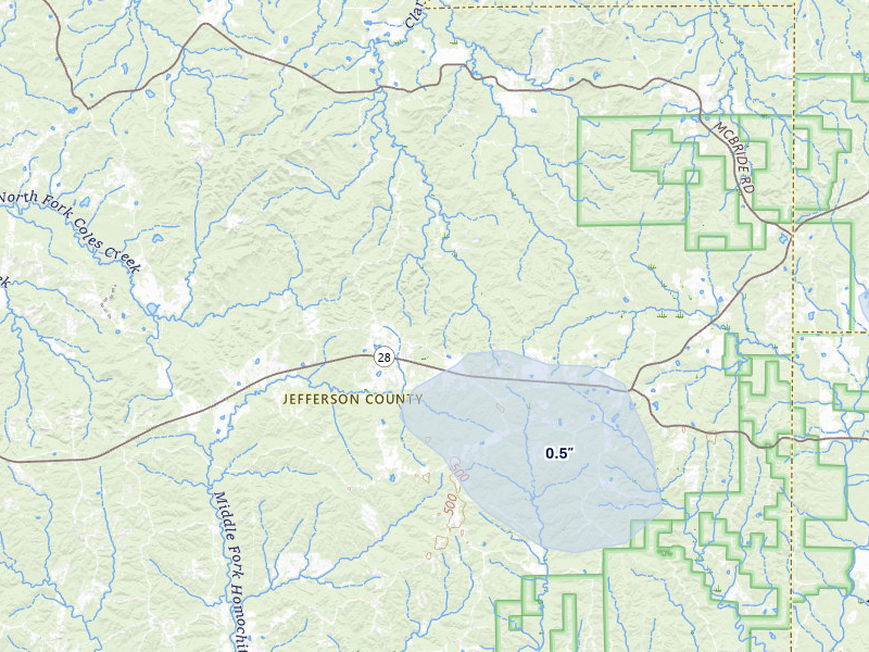 NEXRAD radar-signature map of the hail storm over Union Church, MS on Jul 4, 2026