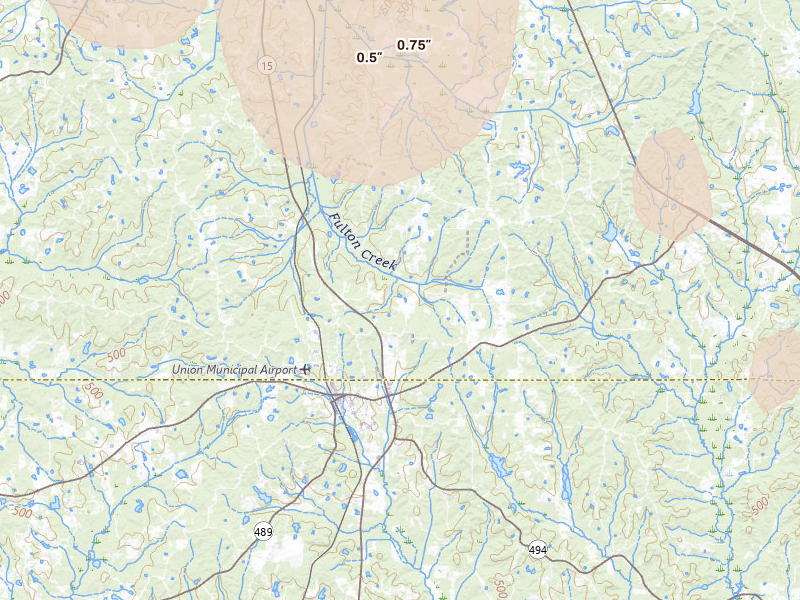Radar-estimated hail-size map of the storm over Union, MS on Mar 7, 2026