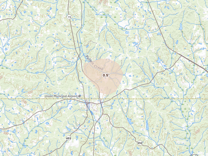 Radar-estimated hail-size map of the storm over Union, MS on Aug 19, 2026