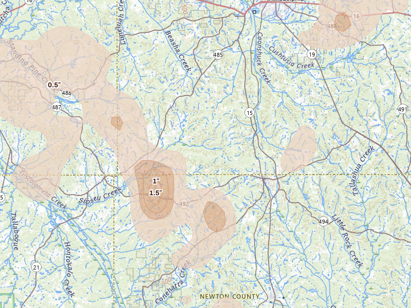Radar-estimated hail-size map of the storm over Union, MS on Aug 20, 2026