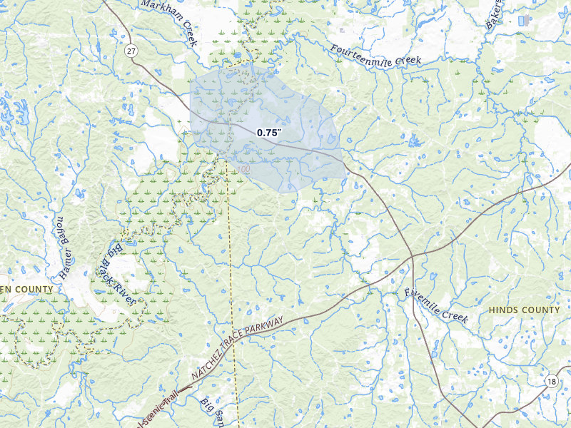 NEXRAD radar-signature map of the hail over Utica, MS