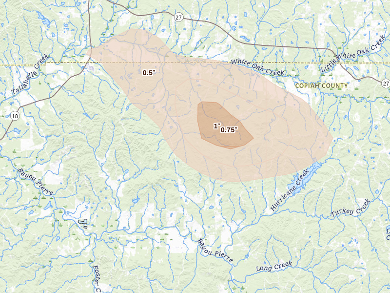 Radar-estimated hail-size map of the storm over Utica, MS on Apr 24, 2026