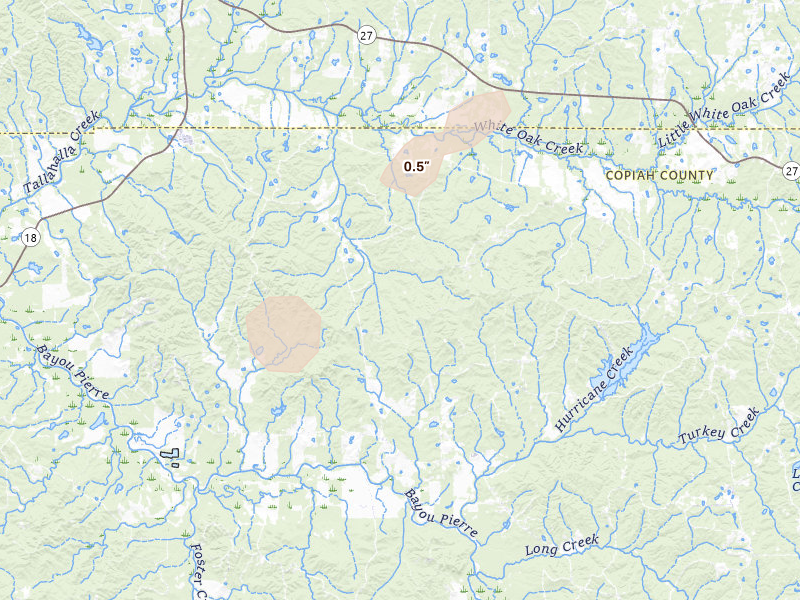 Radar-estimated hail-size map of the storm over Utica, MS on Jun 19, 2026