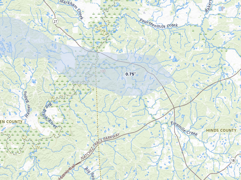 NEXRAD radar-signature map of the hail storm over Utica, MS on Jul 1, 2026