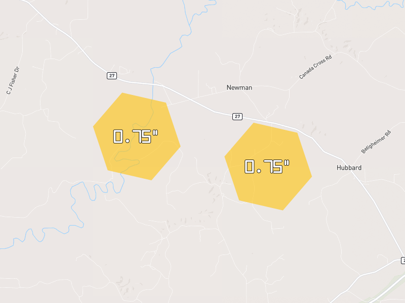 Hail map of Utica, MS on Jul 1, 2026, hail up to 0.75"