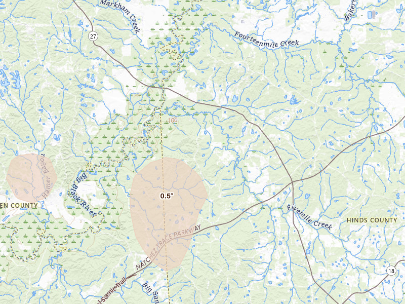 Radar-estimated hail-size map of the storm over Utica, MS on Jul 4, 2026
