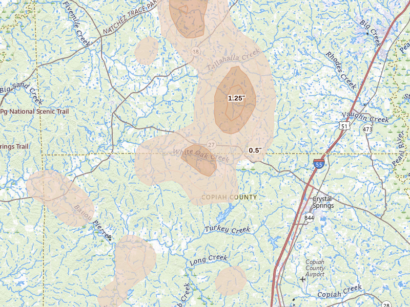 Radar-estimated hail-size map of the storm over Utica, MS on Aug 21, 2026