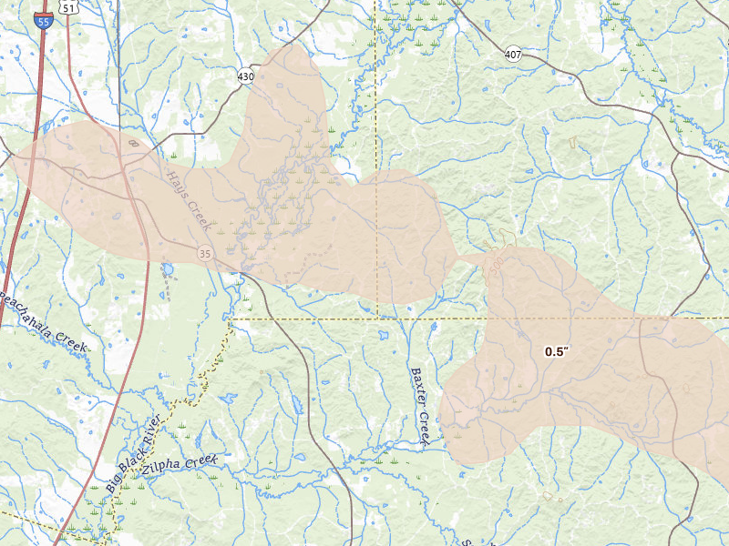 Radar-estimated hail-size map of the storm over Vaiden, MS on May 10, 2026