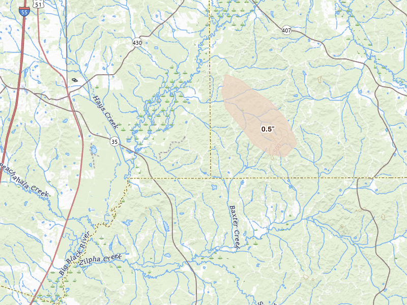 Radar-estimated hail-size map of the storm over Vaiden, MS on Jul 2, 2026