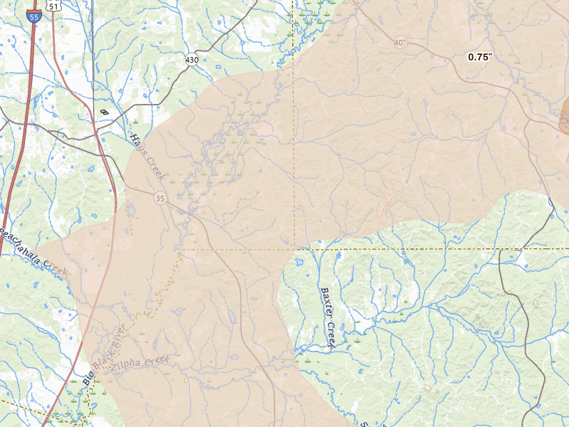 Radar-estimated hail-size map of the storm over Vaiden, MS on Aug 20, 2026
