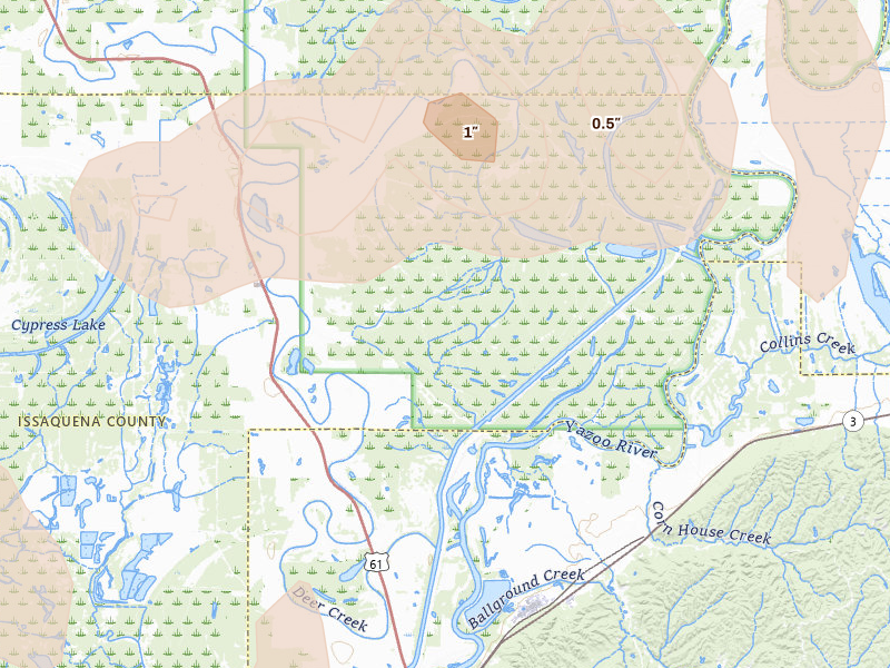 Radar-estimated hail-size map of the storm over Valley Park, MS on Apr 28, 2026