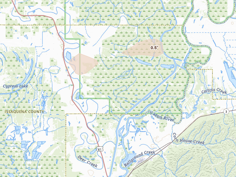 Radar-estimated hail-size map of the storm over Valley Park, MS on Jul 1, 2026