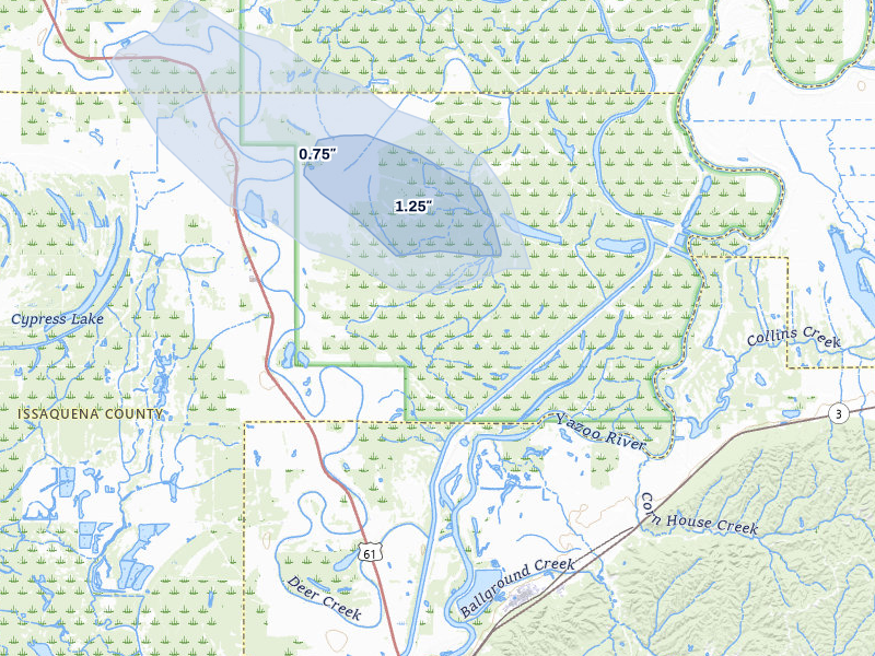 NEXRAD radar-signature map of the hail storm over Valley Park, MS on Jul 1, 2026