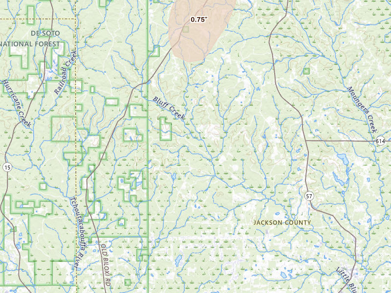 Radar-estimated hail-size map of the storm over Vancleave, MS on Jun 24, 2026