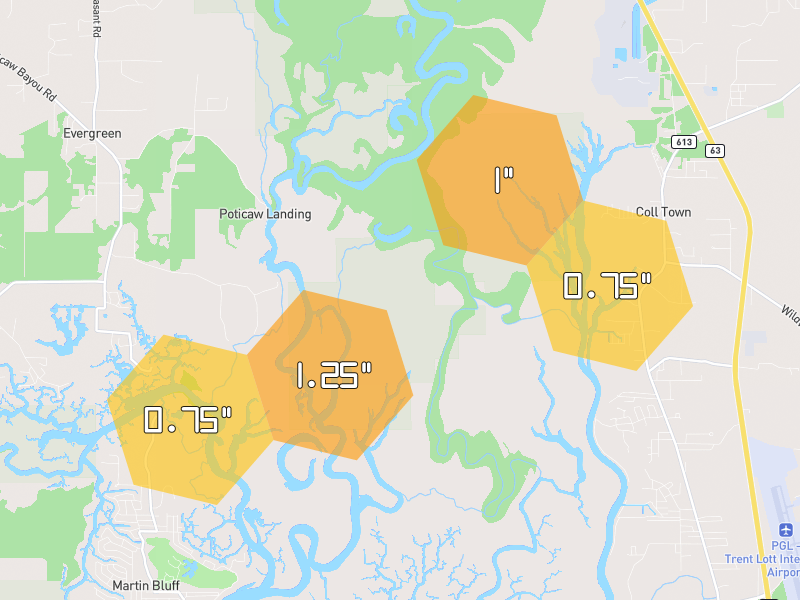 Hail map of Vancleave, MS on Jul 1, 2026, hail up to 1.25"