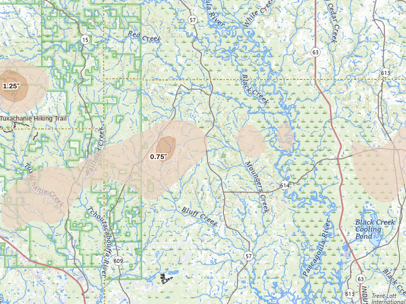 Radar-estimated hail-size map of the storm over Vancleave, MS on Aug 17, 2026