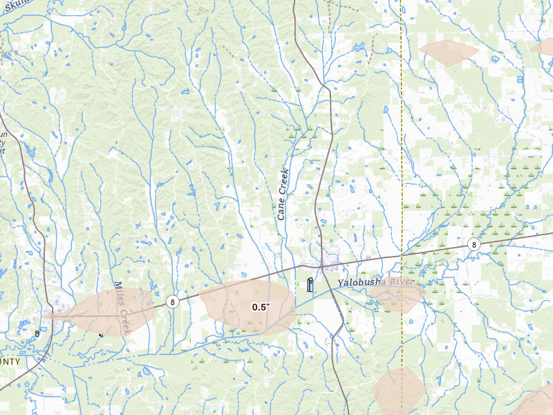 Radar-estimated hail-size map of the storm over Vardaman, MS on Apr 28, 2026