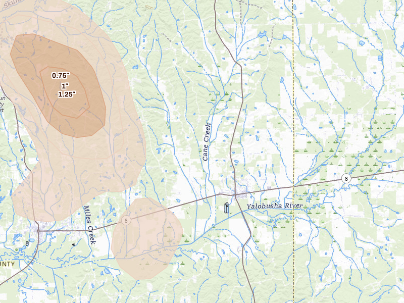 Radar-estimated hail-size map of the storm over Vardaman, MS on Jul 4, 2026