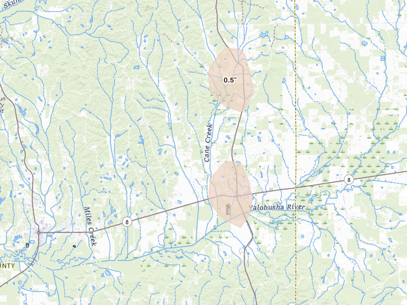Radar-estimated hail-size map of the storm over Vardaman, MS on Aug 9, 2026