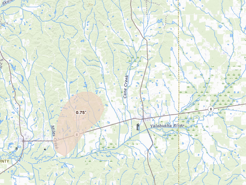 Radar-estimated hail-size map of the storm over Vardaman, MS on Aug 10, 2026