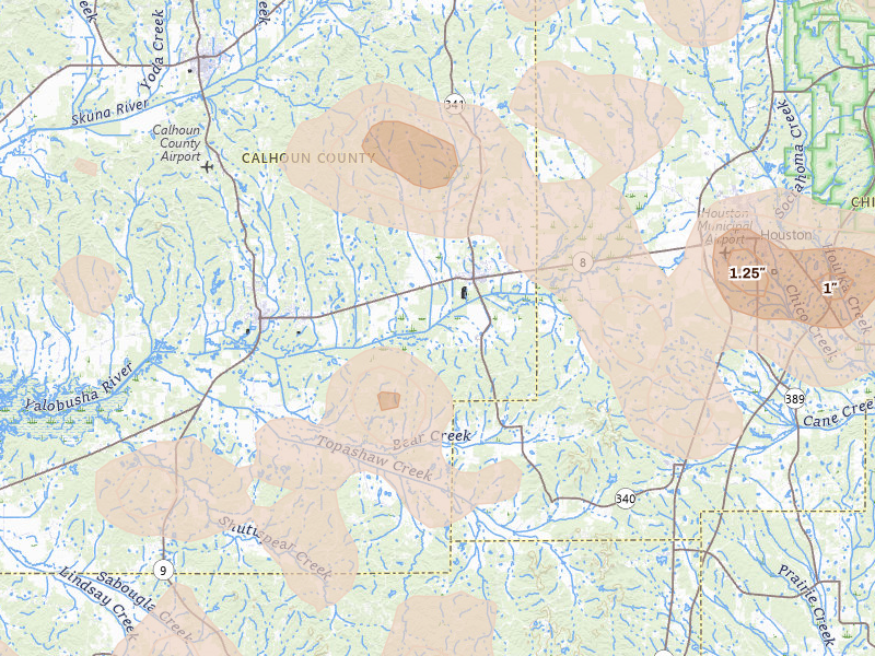 Radar-estimated hail-size map of the storm over Vardaman, MS on Aug 20, 2026