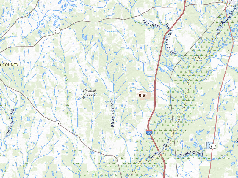 Radar-estimated hail-size map of the storm over Vaughan, MS on Apr 24, 2026