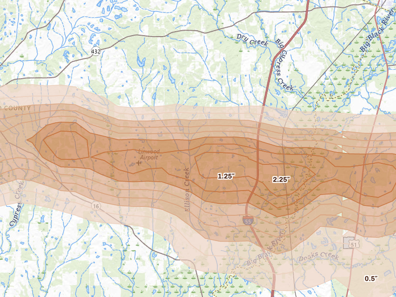 Radar-estimated hail-size map of the storm over Vaughan, MS on Apr 28, 2026