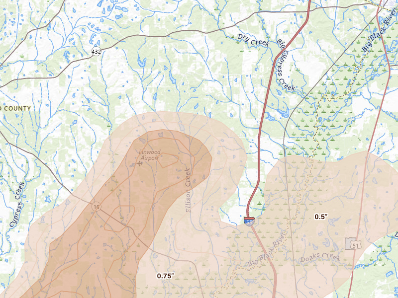 Radar-estimated hail-size map of the storm over Vaughan, MS on Aug 20, 2026