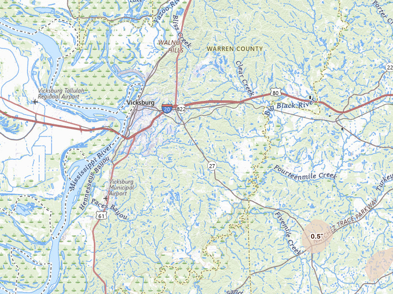 Radar-estimated hail-size map of the storm over Vicksburg, MS on Mar 7, 2026