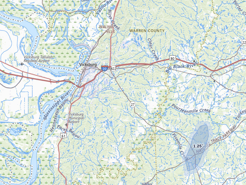 NEXRAD radar-signature map of the hail storm over Vicksburg, MS on Mar 7, 2026