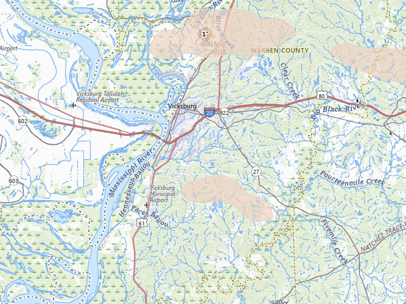 Radar-estimated hail-size map of the storm over Vicksburg, MS on Apr 24, 2026