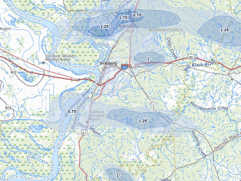 NEXRAD radar-signature map of the hail over Vicksburg, MS