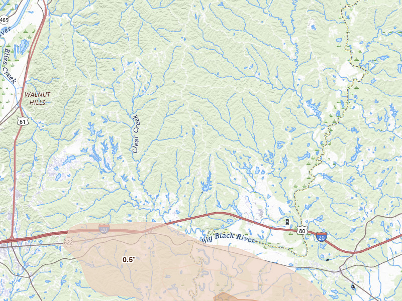 Radar-estimated hail-size map of the storm over Vicksburg, MS on Apr 25, 2026