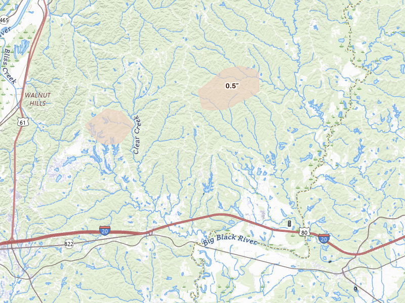 Radar-estimated hail-size map of the storm over Vicksburg, MS on May 6, 2026