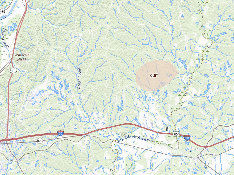 Radar-estimated hail-size map of the storm over Vicksburg, MS on May 17, 2026