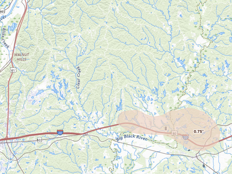 Radar-estimated hail-size map of the storm over Vicksburg, MS on Jul 1, 2026