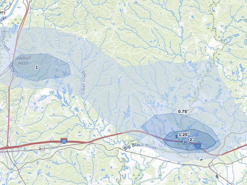 NEXRAD radar-signature map of the hail storm over Vicksburg, MS on Jul 1, 2026