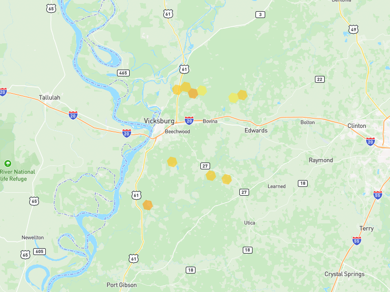 Hail map of Vicksburg, MS on Jul 1, 2026, hail up to 1.25"