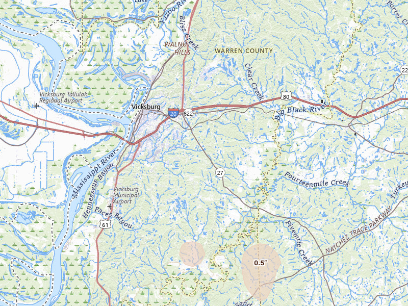 Radar-estimated hail-size map of the storm over Vicksburg, MS on Jul 4, 2026