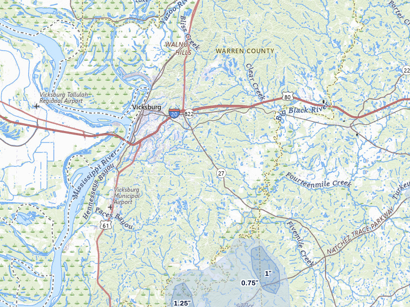 NEXRAD radar-signature map of the hail over Vicksburg, MS