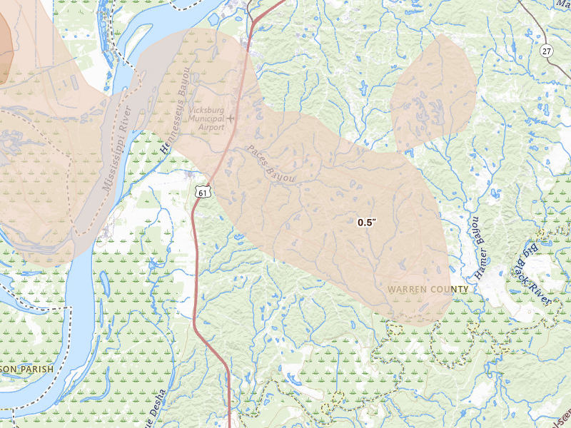 Radar-estimated hail-size map of the storm over Vicksburg, MS on Aug 21, 2026
