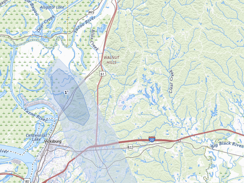 NEXRAD radar-signature map of the hail storm over Vicksburg, MS on Aug 21, 2026