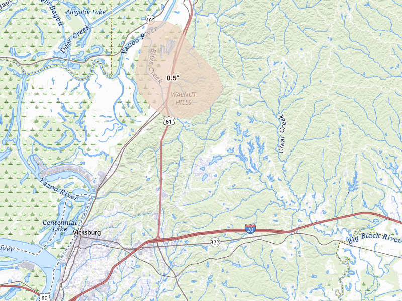 Radar-estimated hail-size map of the storm over Vicksburg, MS on Aug 24, 2026