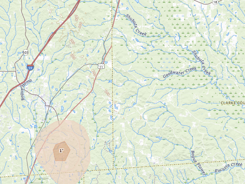 Radar-estimated hail-size map of the storm over Vossburg, MS on Jul 30, 2026